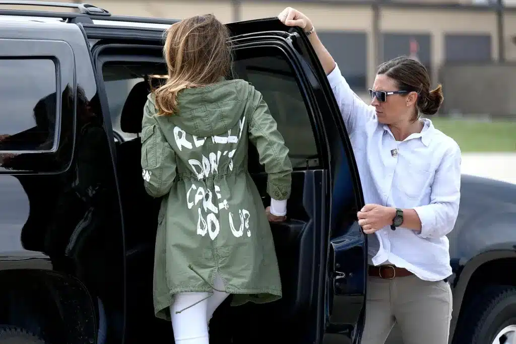 Former first lady Melania Trump addressed the “I really don’t care, do u?” jacket she wore to a trip to a migrant detention center in 2018 in her new memoir. AFP via Getty Images