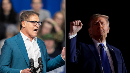 Mark Cuban speaks at a campaign rally for Vice President Kamala Harris at the University of Wisconsin-La Crosse in La Crosse, Wisconsin, on Oct. 17. (AP Photo/Abbie Parr)