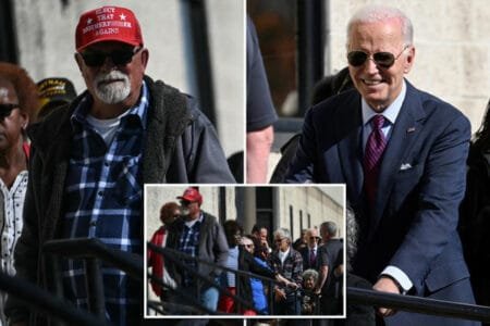 President Biden stood in line to vote Monday behind a man wearing a vulgar pro Donald Trump hat