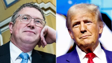 Rep. Thomas Massie, R-Ky., has endorsed former President Donald Trump. (Left: Tom Williams/CQ-Roll Call, Inc via Getty Images; Right: Anna Moneymaker/Getty Images)