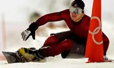 Ryan Wedding of Canada competes in the qualifying round of the men’s parallel giant slalom snowboarding event during the Salt Lake City Winter Olympic Games in 2002. (Adam Pretty / Getty Images)