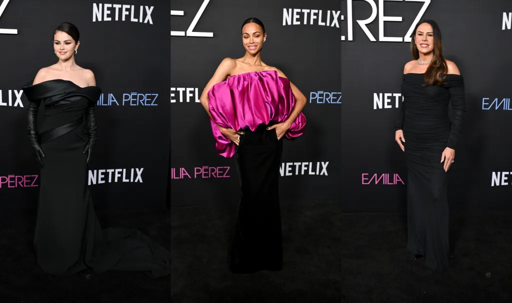 Selena Gomez and Zoe Saldana had the same idea as they both opted for strapless gowns on Monday night at the Los Angeles premiere of their new film Emilia Perez