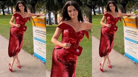 Selena Gomez wore a red custom Rodarte dress to the “Wizards Beyond Wavery Place” premiere. FilmMagic