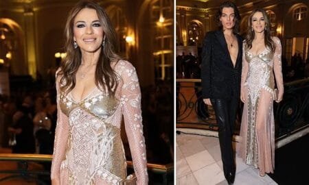 The actress 59 wore a plunging mesh gown while Damian 22 looked as stylish as ever in a signature plunging suit