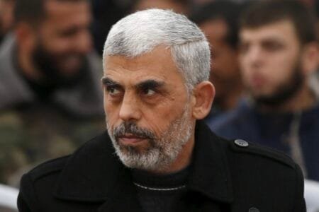 Hamas leader Yehia Sinwar attends a rally in Khan Younis in the southern Gaza Strip