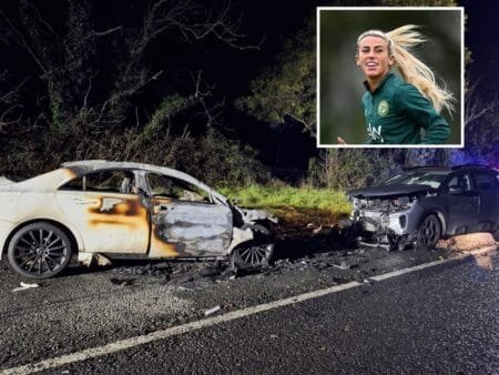 The scene of the crash on the Kerry-Limerick bounds on Sunday evening. Inset: Soccer player Savannah McCarthy