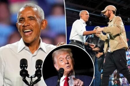 Barack Obama raps Eminem’s “Lose Yourself” on stage.AP