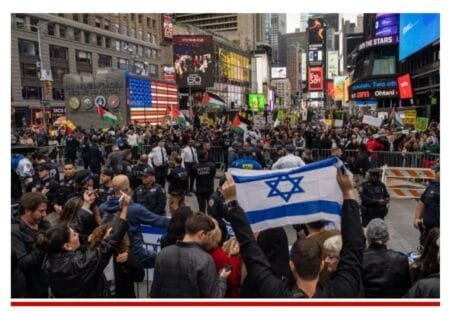 Demonstrators in support of the Palestinian people face pro-Israel counter-protesters in Times Square on October 8, 2023 in New York City.Getty Images