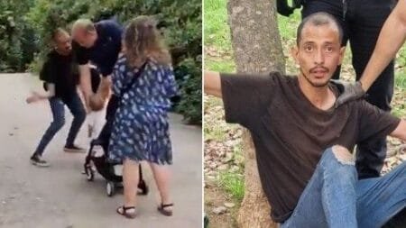 The moment the man slapped the one-year-old girl during an attack on a family of tourists in Barcelona