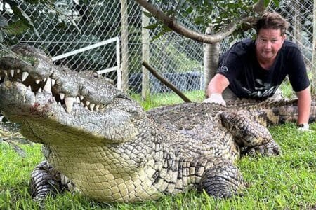 Dinkleman was also known to taunt snarling crocodiles and showed a soft spot while nursing his familys pet giraffe