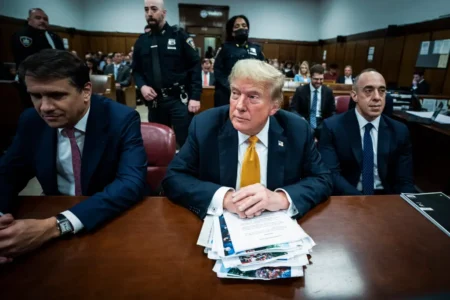 Donald Trump sits at the defendants table inside Manhattan Criminal Court during jury deliberations on May 29 2024