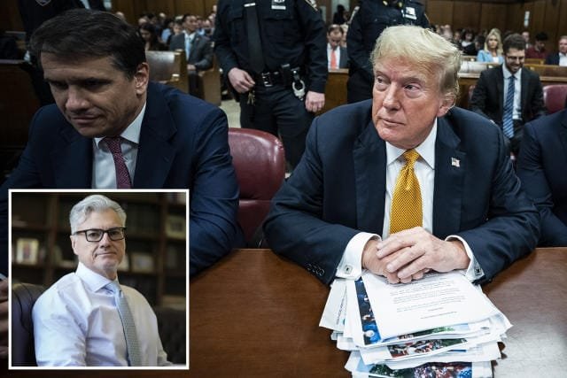 Donald Trump with attorneys Todd Blanche and Emil Bove attends his criminal trial at Manhattan Criminal Court on May 29 2024 in New York City