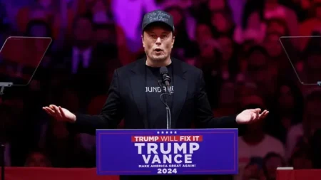 Elon Musk speaks before former President Donald Trump at a campaign rally at Madison Square Garden on Oct 27 in New York City