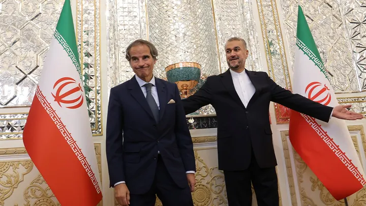 International Atomic Energy Agency Director General Rafael Grossi, left, meets with Iran's Foreign Minister Hossein Amir-Abdollahian in Tehran, Iran, on May 6, 2024. (Majid Asgaripour/WANA (West Asia News Agency) via REUTERS)