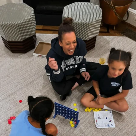 New images of Harris show the VP playing Connect 4 with her two great nieces after losing the election