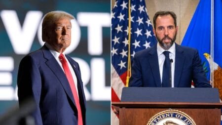 Republican presidential nominee former President Donald Trump left and US special counsel Jack Smith