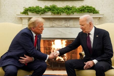 US President Joe Biden meets with President elect Donald Trump in the Oval Office at the White House in Washington