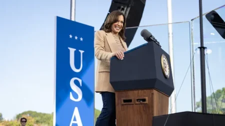 Vice President Kamala Harris speaks at a rally at the Atlanta Civic Center on November 2 2024 in Atlanta Georgia