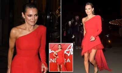 Kara Tointon turned heads in an eye catching red asymmetric minidress as she arrived at the British Fashion Awards afterparty at Chiltern Firehouse on Monday night