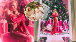 Paris Hilton is all wrapped up in a red bow under the Christmas tree