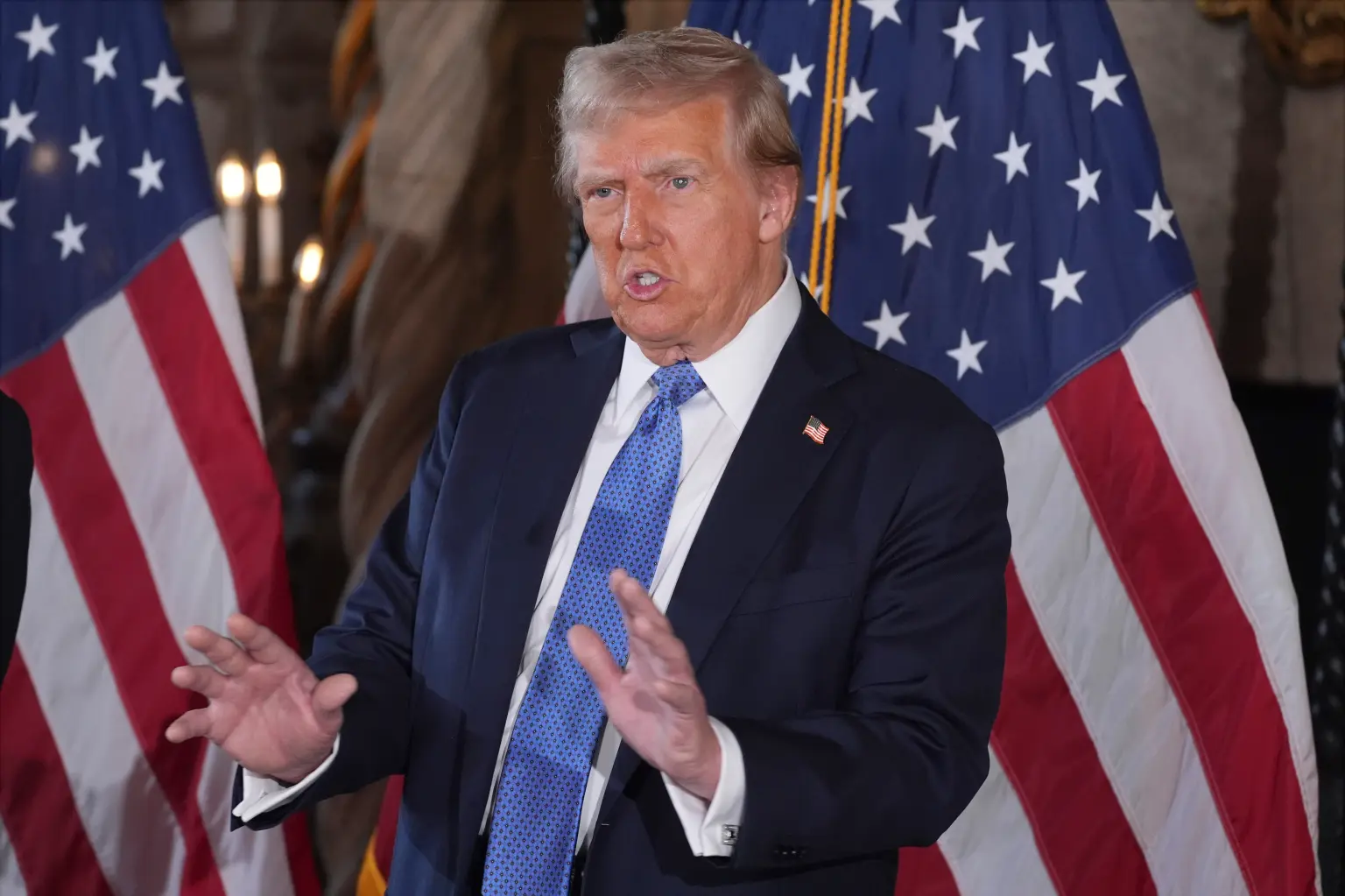 President elect Donald Trump speaks during a news conference at Mar a Lago Monday Dec 16 2024 in Palm Beach Fla