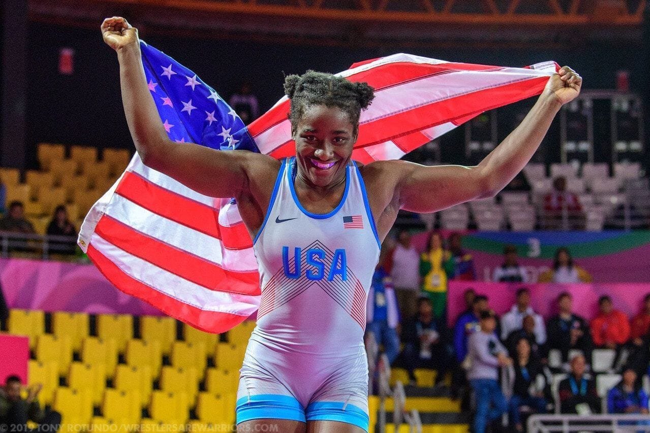 Tamyra Mensah Stock pictured here at the 2019 Pan Am Games got to raise the US flag in Tokyo Photo courtesy of Tony Rotundo WrestlersAreWarriorscom