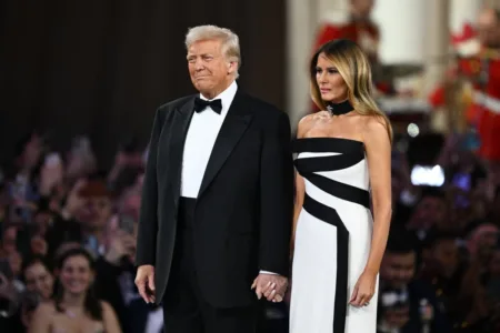 Donald and Melania Trump arrive at the Commander-In-Chief inaugural ball at the Walter E. Washington Convention Center in Washington, D.C. (AFP via Getty Images)