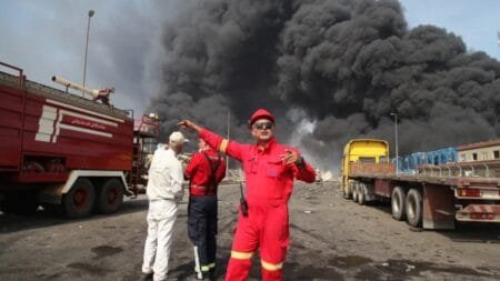 Thick black smoke billows over shipping containers following a blast in Iran
