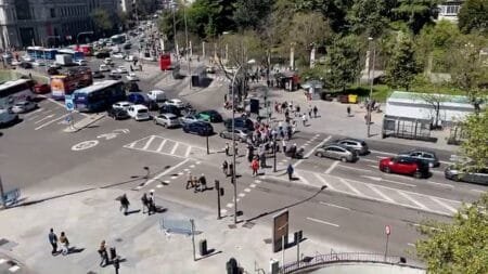 Chaotic traffic in Madrid as power outage disables traffic lights during widespread blackout across Spain and Portugal, April 28, 2025.