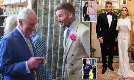 David Beckham wearing a David Austin Roses 'King's Rose' speaks with King Charles at the RHS Chelsea Flower Show in May