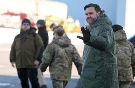 Vice President JD Vance arrives at Pituffik Space Base in Greenland, Friday, March 28, 2025. (Jim Watson/Pool via AP)