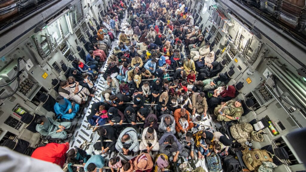 A flight evacuating people from Kabul, Afghanistan, in August 2021. Pic: PA