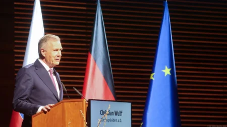 German President Christian Wulff called for the defense of democracy at an event marking the 80th anniversary of the Buchenwald concentration campBodo Schackow/dpa/picture alliance