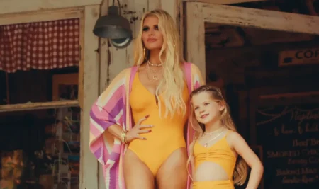 Jessica Simpson and daughter Birdie matched in yellow swimsuits to promote her clothing line