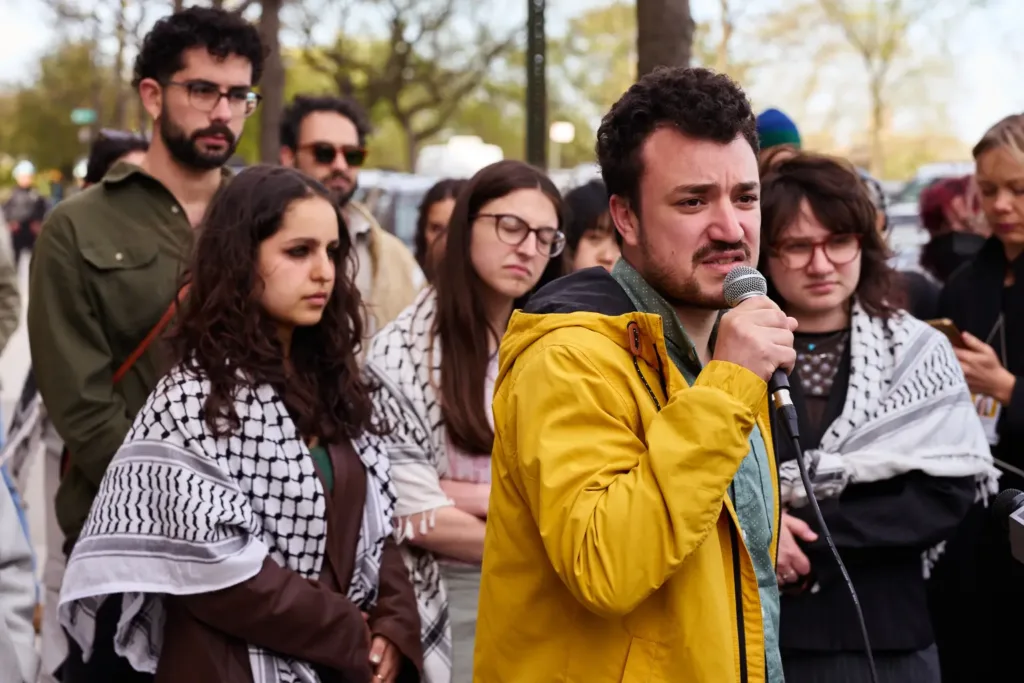 Mahmoud Khalil speaks at a press conference on April 23 2024