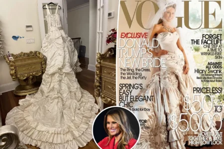 Melania memorably modeled the dress and the matching 16 foot long veil on the cover of Vogue in February 2005 on the heels of her wedding in Palm Beach Vogue