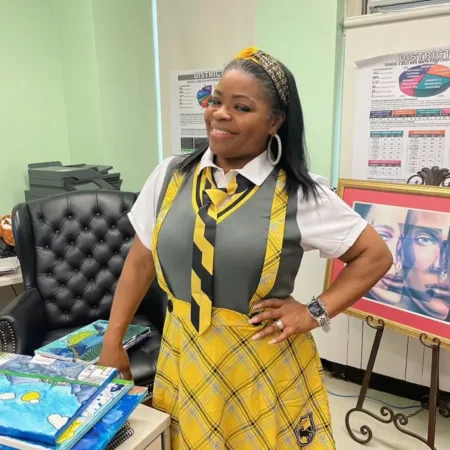 PS 327 Principal Samantha McElhaney John pictured at the Brownsville school on Halloween 2023 lives in Roosevelt on Long Island
