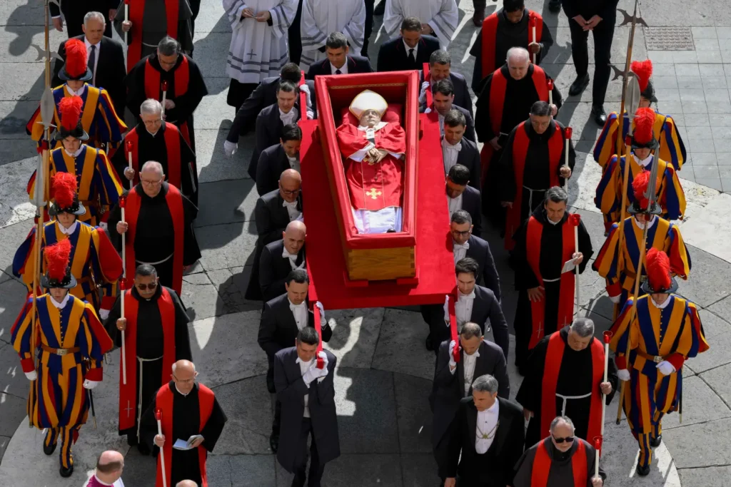 Pope Francis’ body is carried in a coffin into Saint Peter’s Basilica on the day of its translation, at the Vatican, on April 23, 2025.