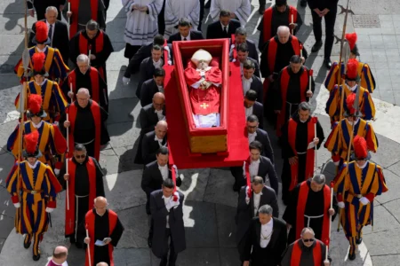 Pope Francis’ body is carried in a coffin into Saint Peter’s Basilica on the day of its translation, at the Vatican, on April 23, 2025.