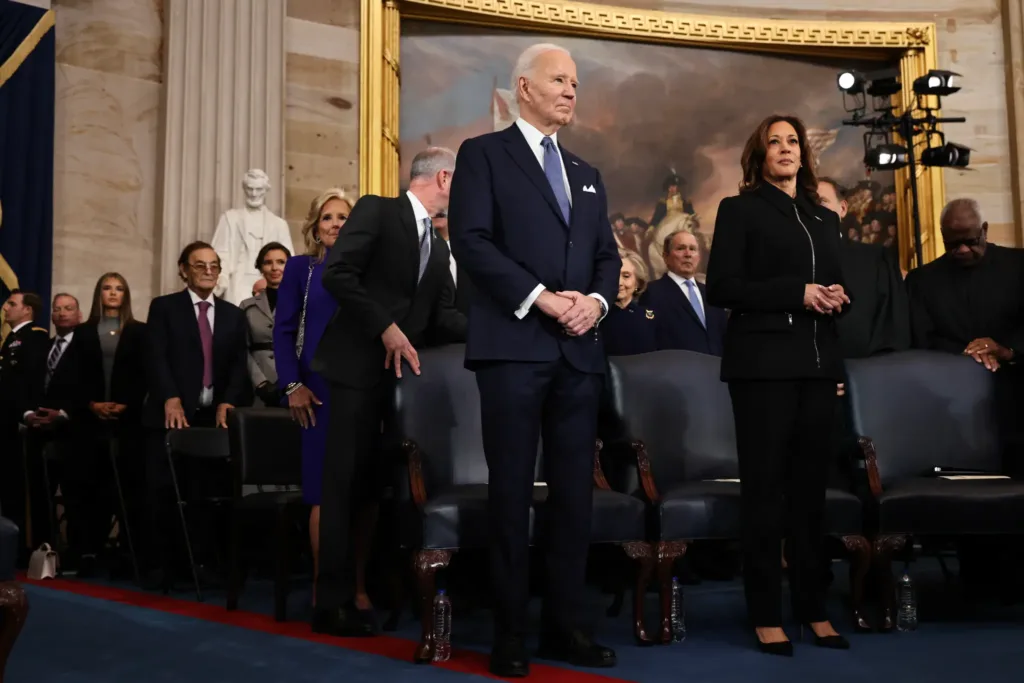 President Biden and Kamala Harris arrive to the inauguration of President elect Donald Trump in the Rotunda of the US Capitol on January 20 2025 in Washington DC