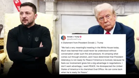 Ukrainian President Volodymyr Zelensky (left) speaks during a meeting with President Donald Trump (right) in the Oval Office of the White House in Washington, DC (Picture: MEGA)