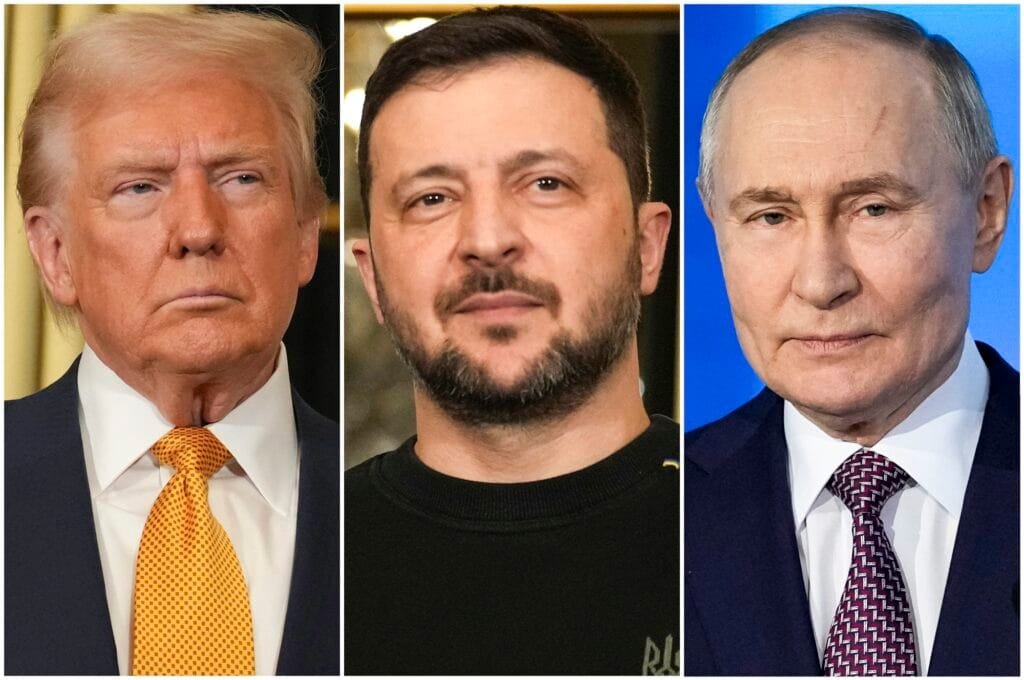 President Trump, Ukrainian President Volodymyr Zelenskyy and Russian President Vladimir Putin seen in a composite of photos. Aurelien Morissard and Pavel Bednyakov/