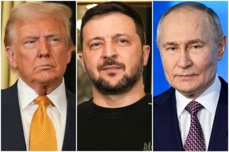 President Trump, Ukrainian President Volodymyr Zelenskyy and Russian President Vladimir Putin seen in a composite of photos. Aurelien Morissard and Pavel Bednyakov/