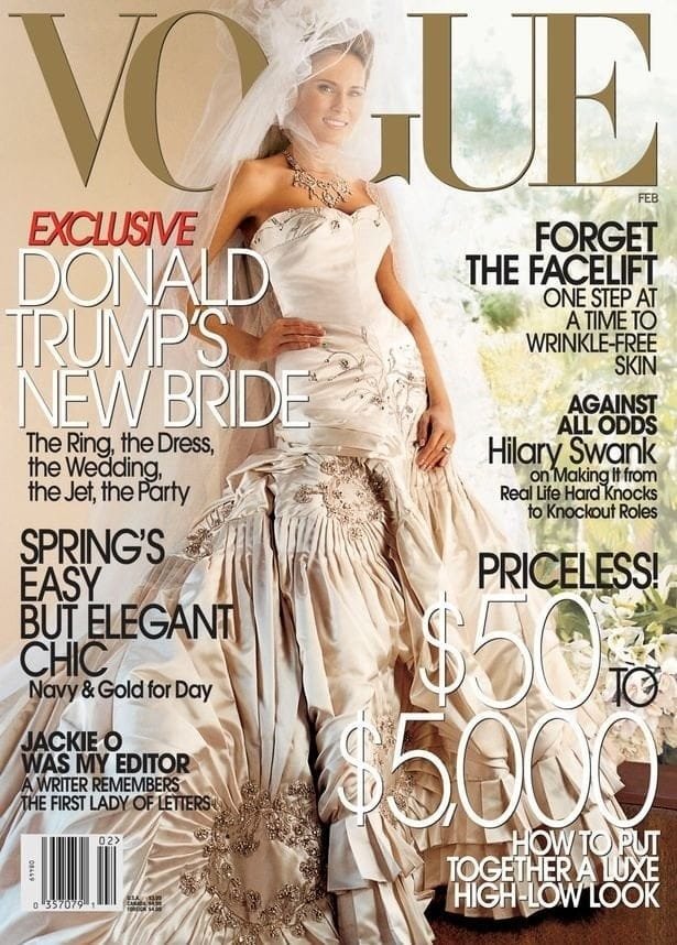 Melania memorably modeled the dress (and the matching 16-foot-long veil) on the cover of Vogue in February 2005 on the heels of her wedding in Palm Beach. Vogue Melania memorably modeled the dress (and the matching 16-foot-long veil) on the cover of Vogue in February 2005 on the heels of her wedding in Palm Beach.
Vogue