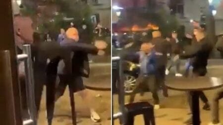 Footage shows punches being thrown between Aston Villa and PSG supporters in the French capital