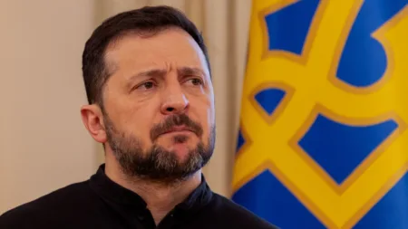 Ukraine's President Volodymyr Zelensky gives a press conference in Kyiv on February 19.  Tetiana Dzhafarova/Pool/AFP/Getty Images