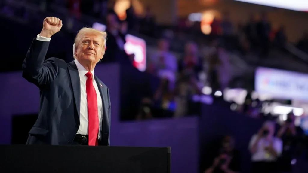 Former President Trump arrives at his box at the Republican National Convention on Thursday, July 18, 2024. (Greg Nash)