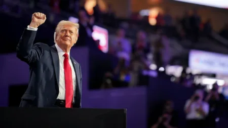 Former President Trump arrives at his box at the Republican National Convention on Thursday, July 18, 2024. (Greg Nash)