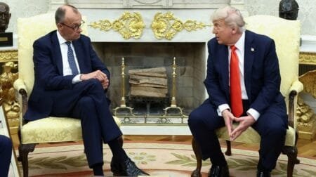 President Donald Trump and German Chancellor Friedrich Merz meet at the White House in Washington, D.C., U.S., June 5, 2025.  (REUTERS/Kevin Lamarque / Reuters)