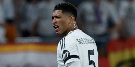 Jude Bellingham confronts referee Ricardo de Burgos Bengoetxea during Real Madrid’s Copa del Rey final against Barcelona